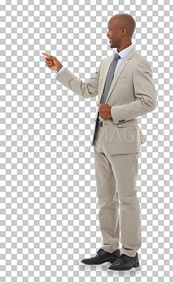 Buy stock photo Black man, business and presentation, pointing at information isolated on png transparent background. Male speaker, announcement and news with seminar, teaching in workshop with opportunity and goals