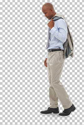 Buy stock photo Sad, business man and walking with worry of unemployment, burnout and stress of fatigue, resignation and isolated on transparent png background. Depressed african worker, poor economy and bankruptcy 