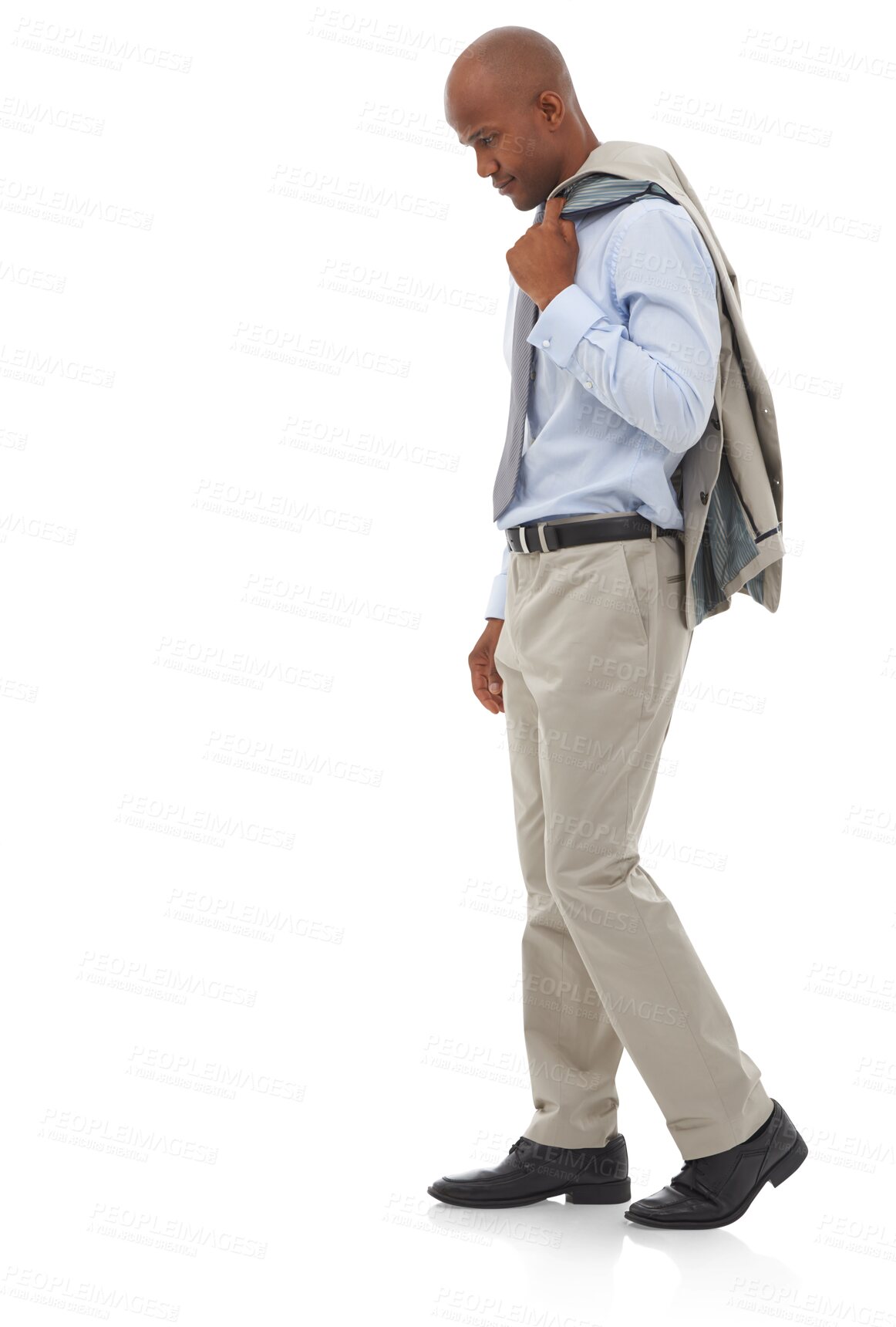 Buy stock photo Sad, business man and walking with worry of unemployment, burnout and stress of fatigue, resignation and isolated on transparent png background. Depressed african worker, poor economy and bankruptcy 