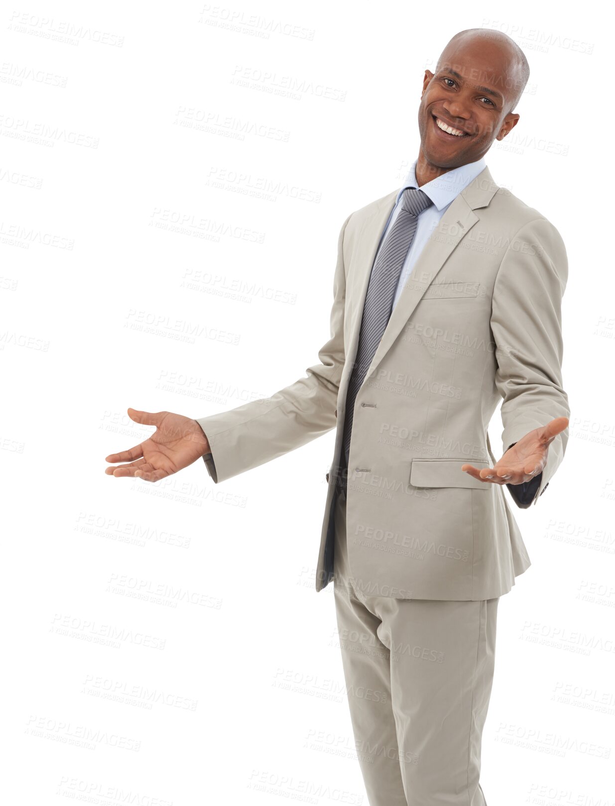 Buy stock photo Business man, happy and portrait with work confidence, pride and smile. African male professional, salesman and success with open hands ready for working isolated on a transparent, png background
