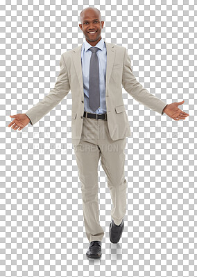 Buy stock photo Business, happy and portrait of black man with open arms on isolated, png and transparent background. Professional, corporate and male person with confidence ready for work, career and job success