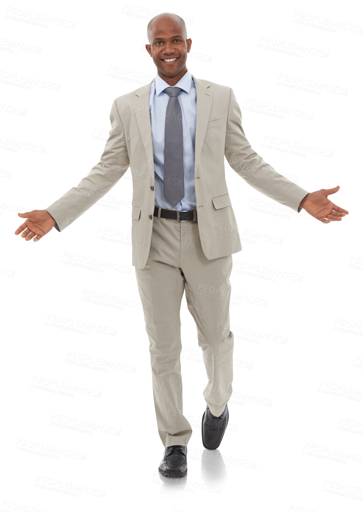 Buy stock photo Business, happy and portrait of black man with open arms on isolated, png and transparent background. Professional, corporate and male person with confidence ready for work, career and job success