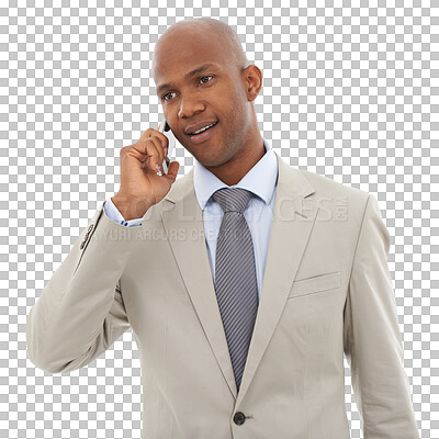 Buy stock photo Phone call, business and black man talking, speaking or communication isolated on a transparent png background. African professional, smartphone and conversation, chat or contact listen in discussion