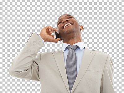 Buy stock photo Phone call, business and black man talking, funny and communication isolated on a transparent png background. Happy African professional, smartphone and discussion, chat or laughing in conversation