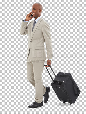 Buy stock photo Phone call, luggage and black man travel, airport contact and isolated on a transparent png background. Happy African professional, smartphone and suitcase in conversation, walk and business flight