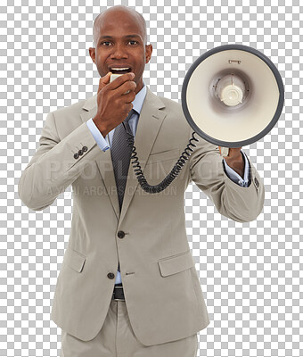 Buy stock photo Megaphone, news and business man portrait on isolated, transparent or png background. Recruitment, hiring and male speaker with microphone speech or opportunity, announcement or voice info promo deal