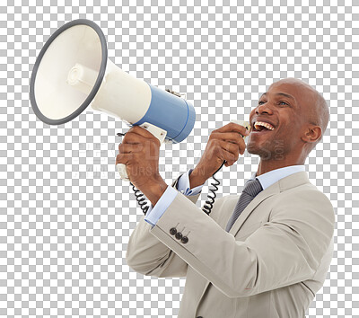 Buy stock photo Megaphone, news and happy business man on isolated, transparent or png background. Recruitment, hiring and male speaker with microphone speech for opportunity, announcement or voice info promo deal