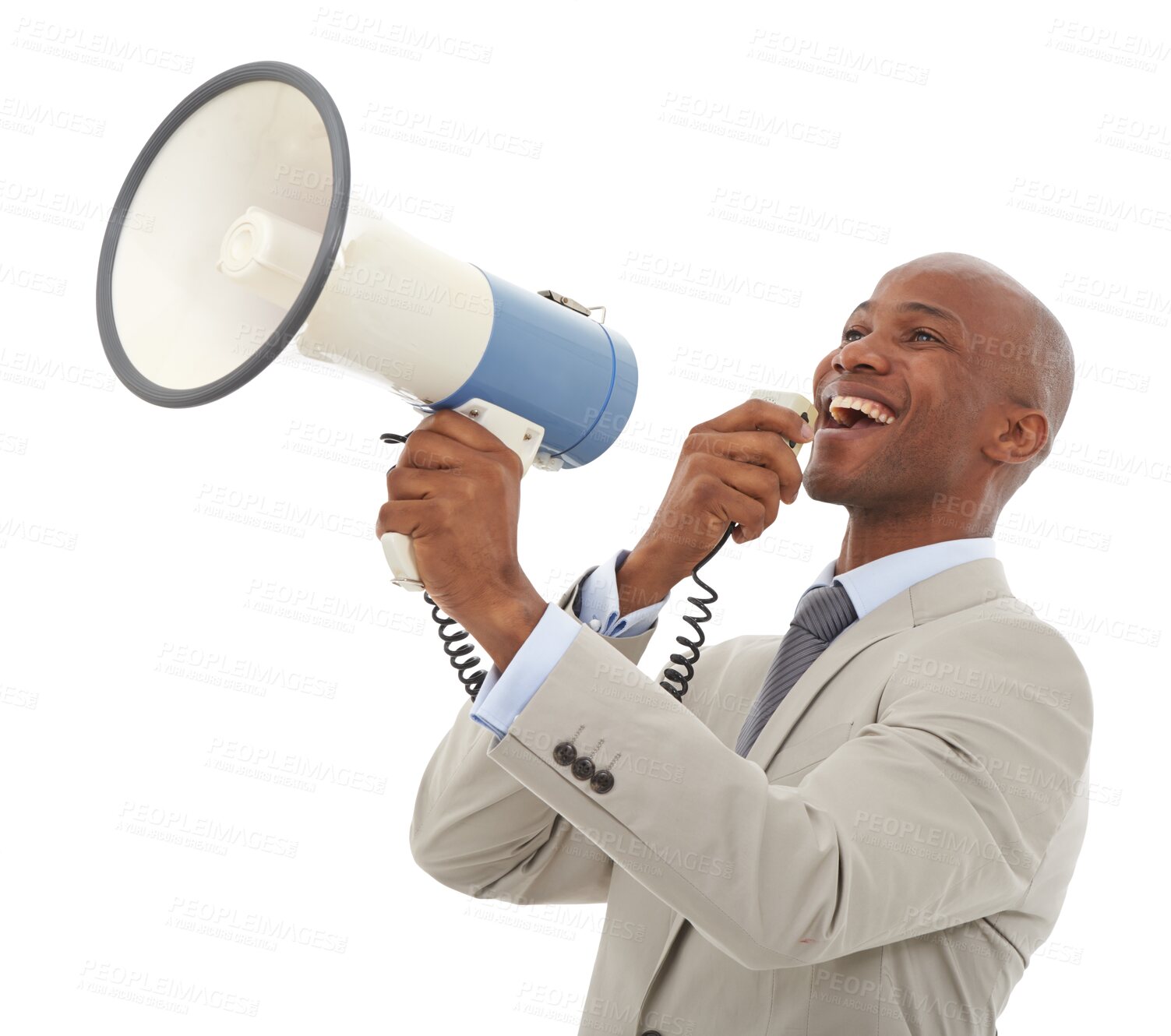 Buy stock photo Megaphone, news and happy business man on isolated, transparent or png background. Recruitment, hiring and male speaker with microphone speech for opportunity, announcement or voice info promo deal