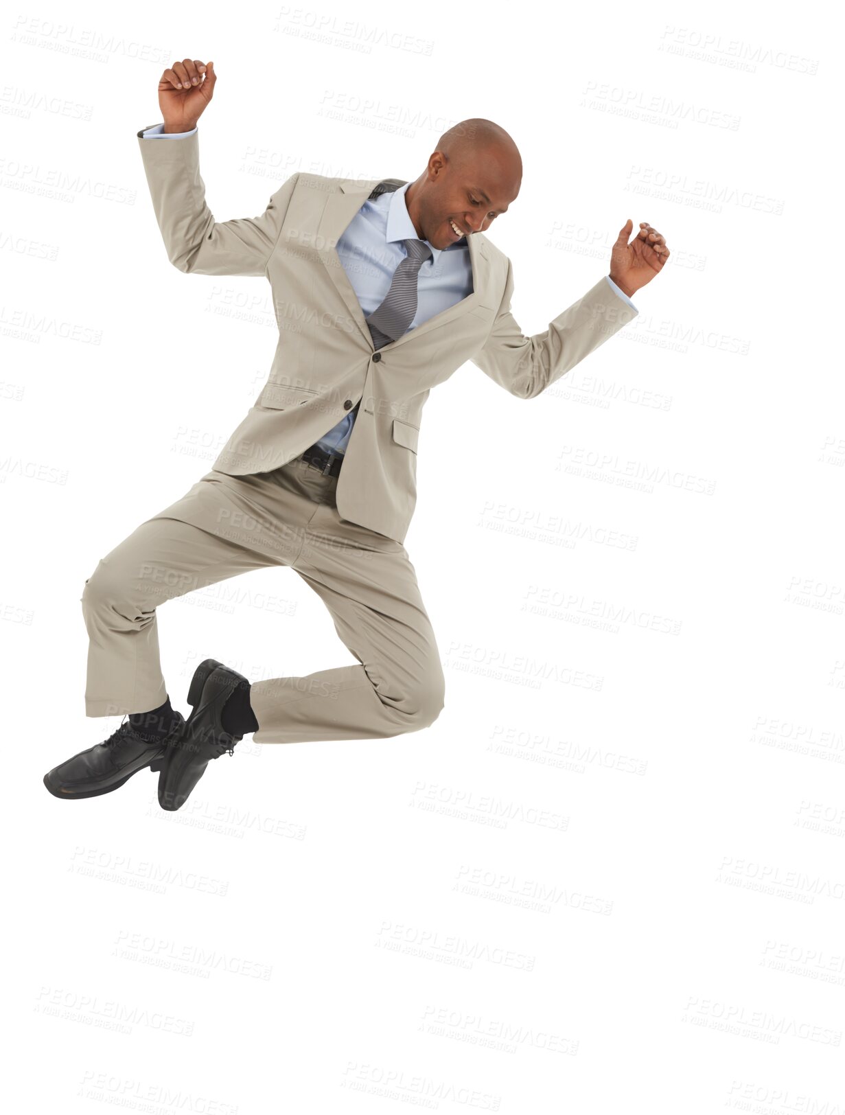 Buy stock photo Jump, success and a business man celebrate isolated on a transparent, png background. Professional African person excited for win, achievement and corporate career victory or lottery bonus in air