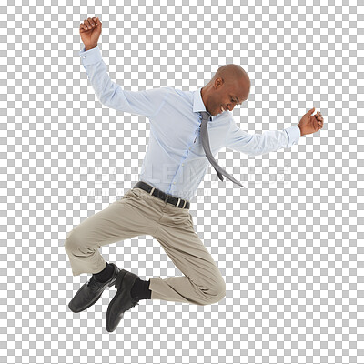 Buy stock photo Celebrate, jump and a business man with success isolated on a transparent, png background. Professional African person excited for win, achievement and corporate career promotion, victory or bonus