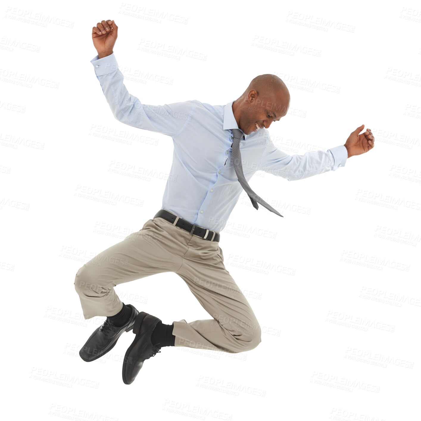 Buy stock photo Celebrate, jump and a business man with success isolated on a transparent, png background. Professional African person excited for win, achievement and corporate career promotion, victory or bonus