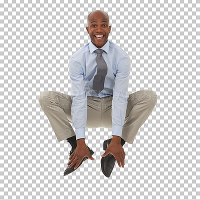 Buy stock photo Portrait, excited business man and jump for success, celebration and winner isolated on transparent png background. African worker in air to celebrate bonus, freedom or energy for winning achievement