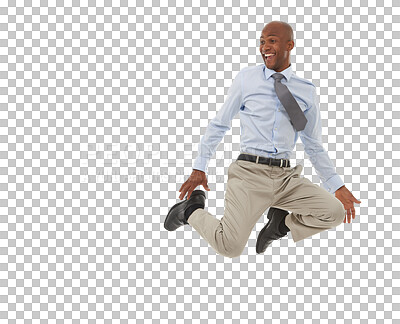 Buy stock photo Excited business man jump for success, celebration and winner isolated on transparent png background. Happy african worker in air to celebrate bonus deal, freedom and energy for winning achievement 