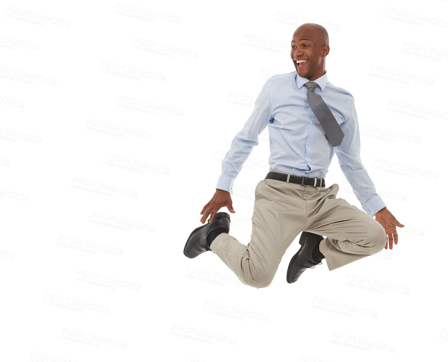 Buy stock photo Excited business man jump for success, celebration and winner isolated on transparent png background. Happy african worker in air to celebrate bonus deal, freedom and energy for winning achievement 