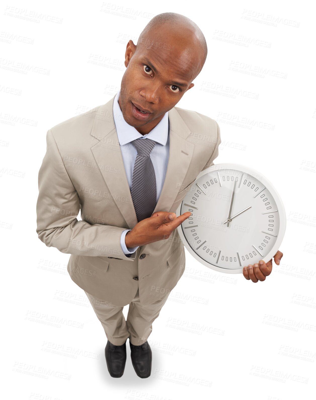 Buy stock photo Business man, clock and confused portrait of time management with meeting reminder from above. African male professional, schedule and timer with employee isolated on a transparent, png background
