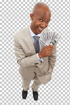 Buy stock photo Business, portrait and top view man with money smile on isolated, transparent or png background. Cash, above and guy face with lottery, success or investment, growth and payment or financial freedom