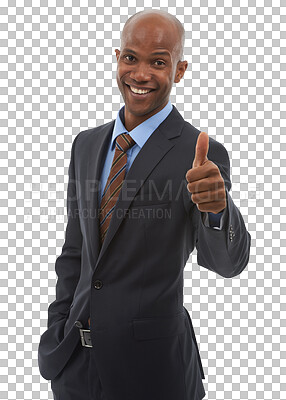 Buy stock photo Portrait, thumbs up and black man in business, smile and isolated on transparent png background. Face, happy and person with like hand, success in review and support, agreement or feedback excellence