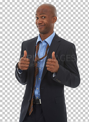 Buy stock photo Portrait, thumbs up and black man in business, happy and isolated on transparent png background. Face, smile and person with like hand, success in review and support, agreement or feedback excellence