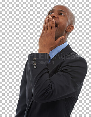 Buy stock photo Tired, yawn and business man bored from job, career and work with fatigue. African male professional, hand and mouth cover for sleep from working and burnout isolated on transparent, png background
