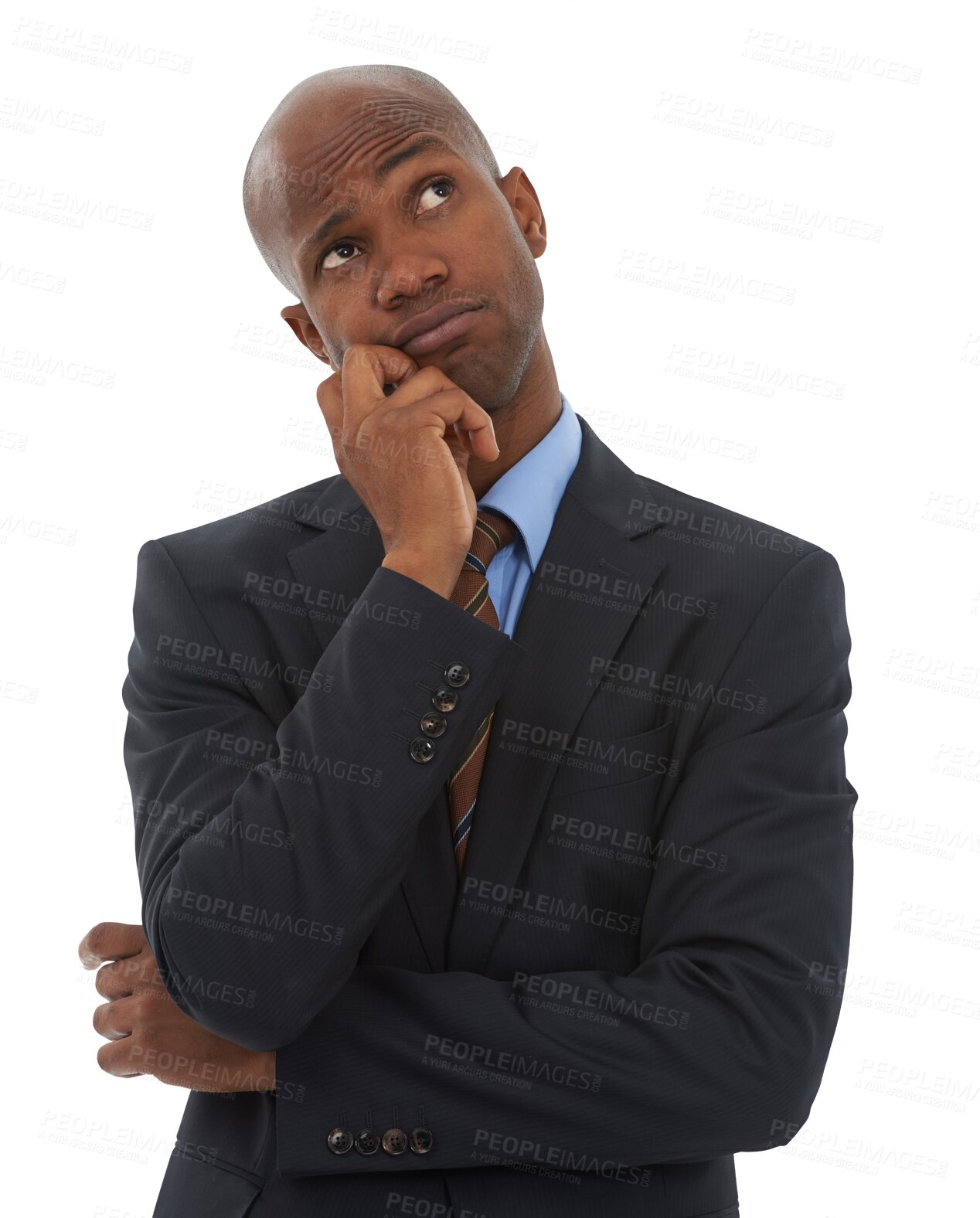 Buy stock photo Thinking, confused and face of of business man on isolated, png and transparent background for idea. Professional, corporate worker and male person with doubt, unsure and decision for problem solving