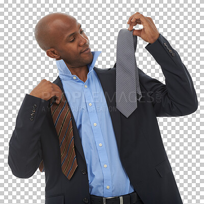 Buy stock photo Picking tie, worker choice and business man with fashion, style and suit decision for work and job. African male person, professional and thinking about ties isolated on transparent, png background
