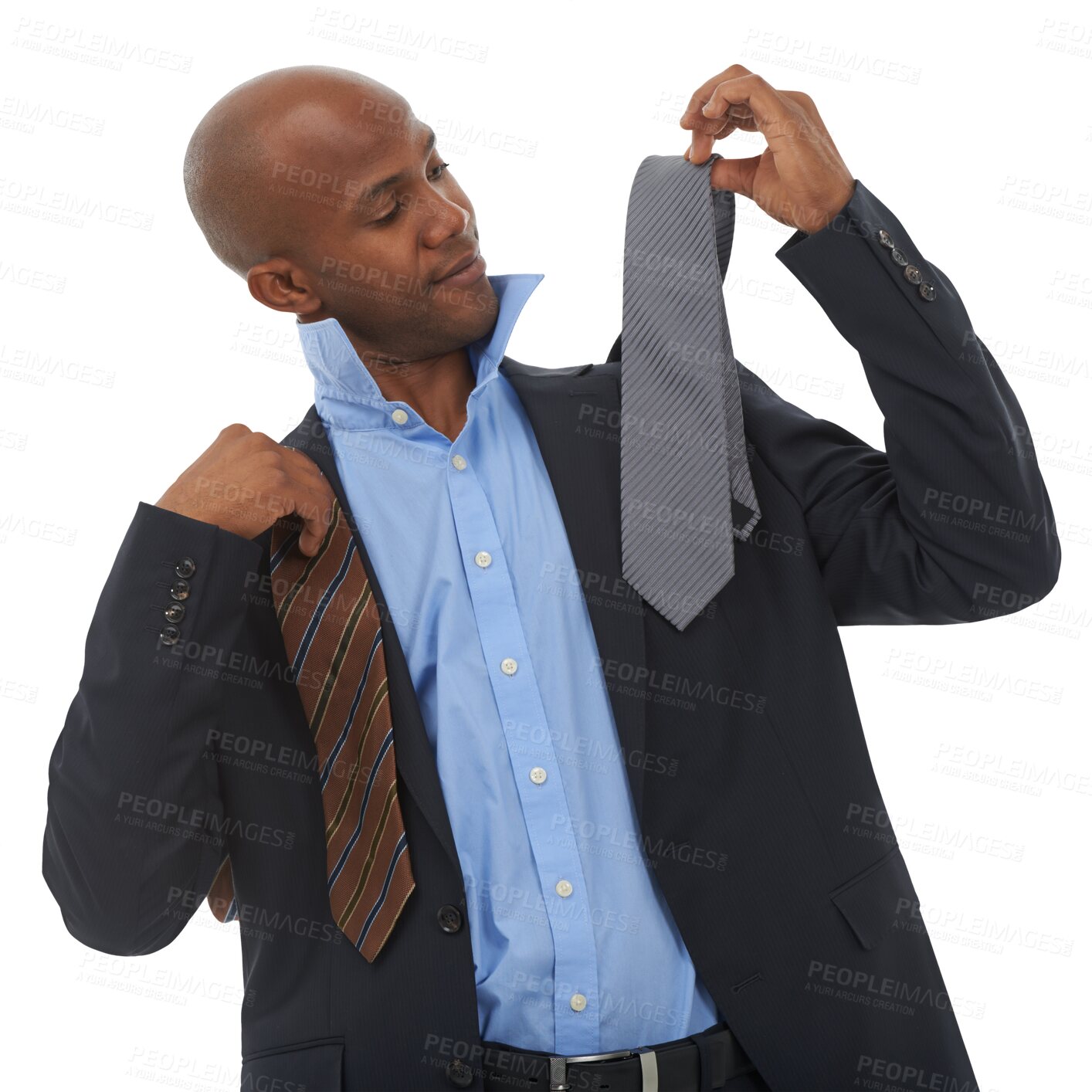 Buy stock photo Picking tie, worker choice and business man with fashion, style and suit decision for work and job. African male person, professional and thinking about ties isolated on transparent, png background
