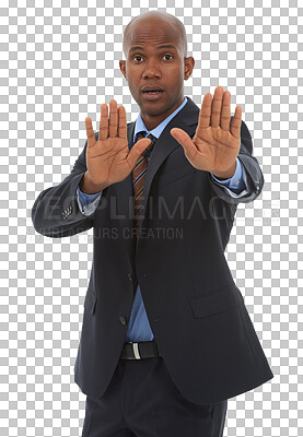 Buy stock photo Stop, palm and portrait of man with warning, threat or limit control on isolated, transparent and png background. Protest, hand and African male person with order emoji, sign language and wait icon