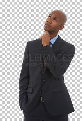 Buy stock photo Thinking, confused and business black man looking up on isolated, png and transparent background for ideas. Professional, corporate worker and male person with doubt, problem solving and decision