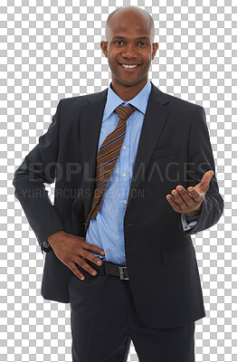 Buy stock photo Portrait, offer and business man with handshake deal on isolated, transparent or png background. Welcome, smile and African male face with friendly shaking hands invitation or thank you, b2b or hello