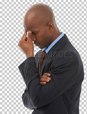 Buy stock photo Headache, stress and business man with fail gesture on isolated, transparent and png background. Startup, fail and male person with migraine, burnout or overwhelmed with audit, anxiety or bad review