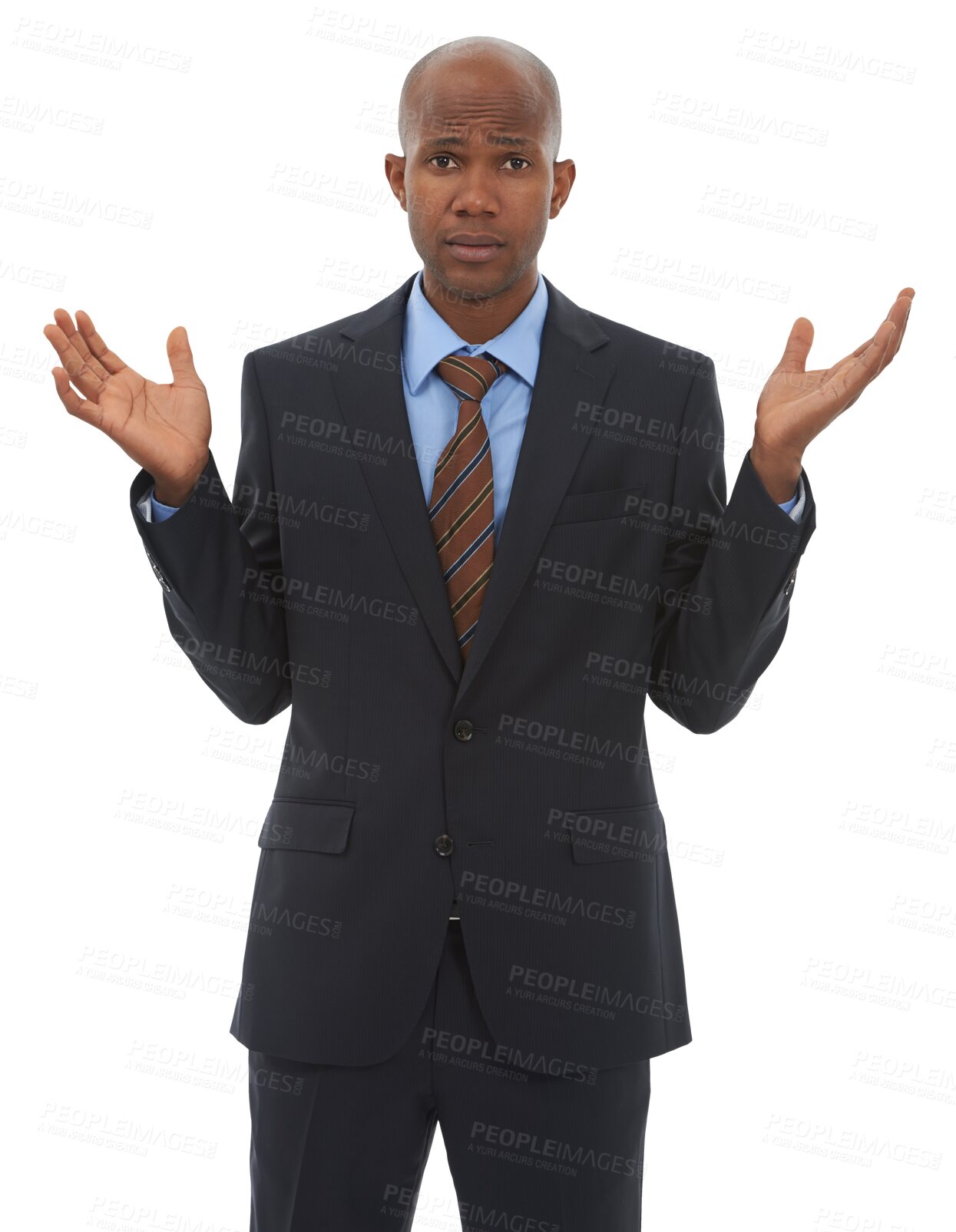 Buy stock photo Black man, portrait and business question, confused and clueless with doubt isolated on png transparent background. African businessman, FAQ and why, decision and feedback, unsure and hand gesture