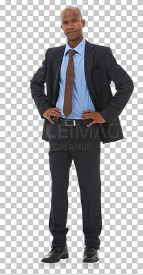 Buy stock photo Professional, confidence and portrait of business black man with hands on hips on png or transparent background. Corporate worker, serious and isolated male person in suit for career, job and work