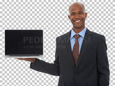 Buy stock photo Business man, portrait and laptop screen for mockup presentation, information and isolated on transparent png background. Happy african worker advertising space on computer for sign up to newsletter 