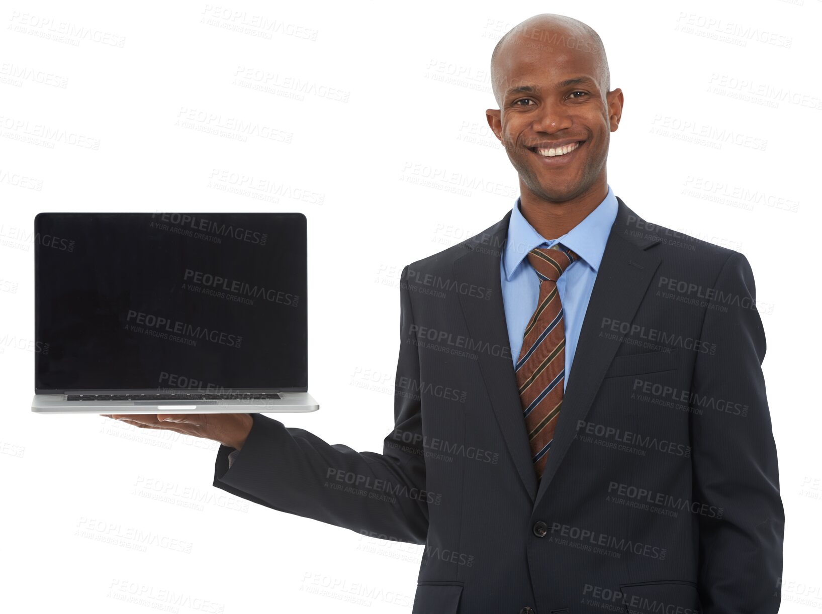 Buy stock photo Business man, portrait and laptop screen for mockup presentation, information and isolated on transparent png background. Happy african worker advertising space on computer for sign up to newsletter 