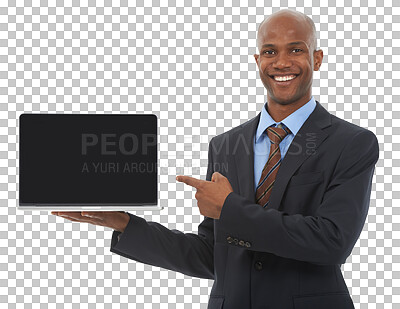 Buy stock photo Laptop, mockup and black man point at screen, business and portrait isolated on png transparent background. Digital marketing, website ads and corporate logo design, African businessman and tech