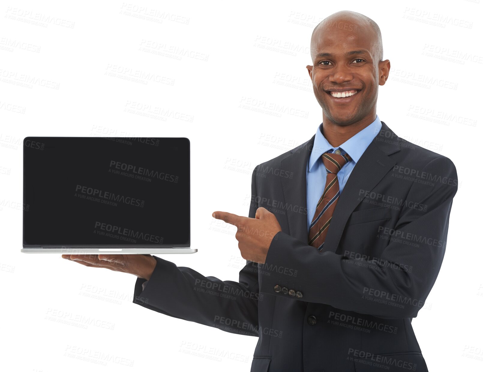 Buy stock photo Laptop, mockup and black man point at screen, business and portrait isolated on png transparent background. Digital marketing, website ads and corporate logo design, African businessman and tech