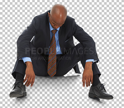 Buy stock photo Depression, sitting and sad business black man on floor on png, isolated and transparent background. Bankruptcy, corporate anxiety and male person for mistake, crisis and fail at job, work or career