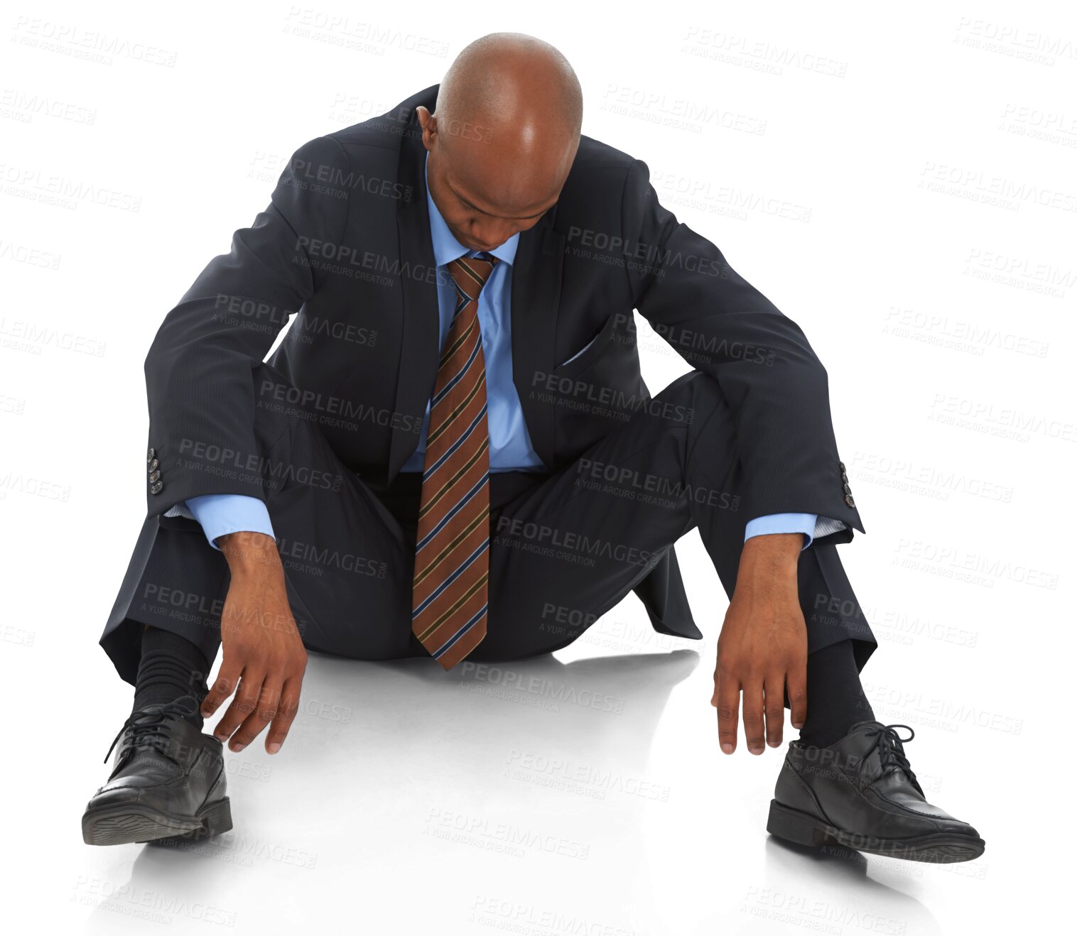 Buy stock photo Depression, sitting and sad business black man on floor on png, isolated and transparent background. Bankruptcy, corporate anxiety and male person for mistake, crisis and fail at job, work or career