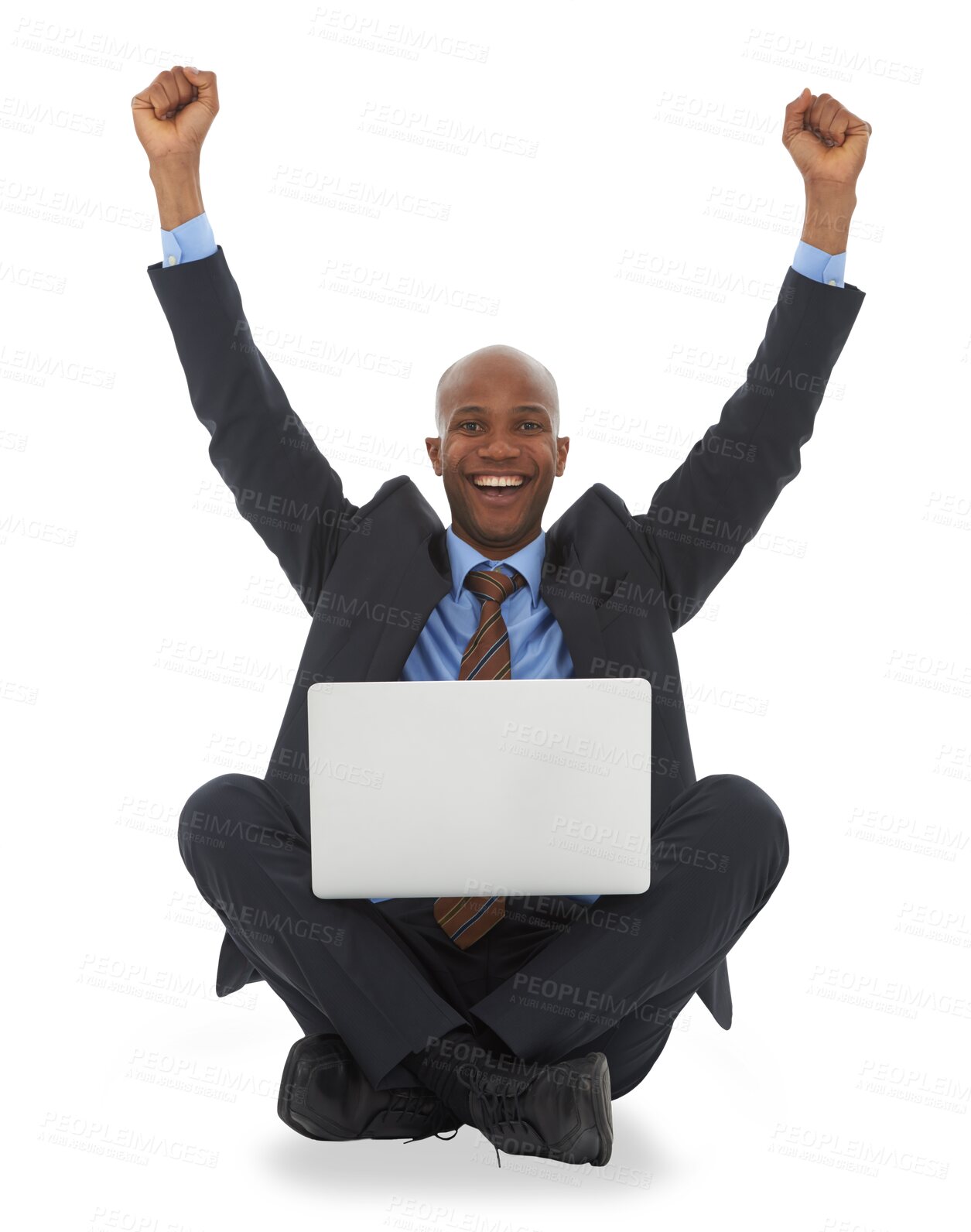 Buy stock photo Business man, laptop and winner portrait with success, celebration and motivation. African male person, professional email and promotion news with winning isolated on a transparent, png background
