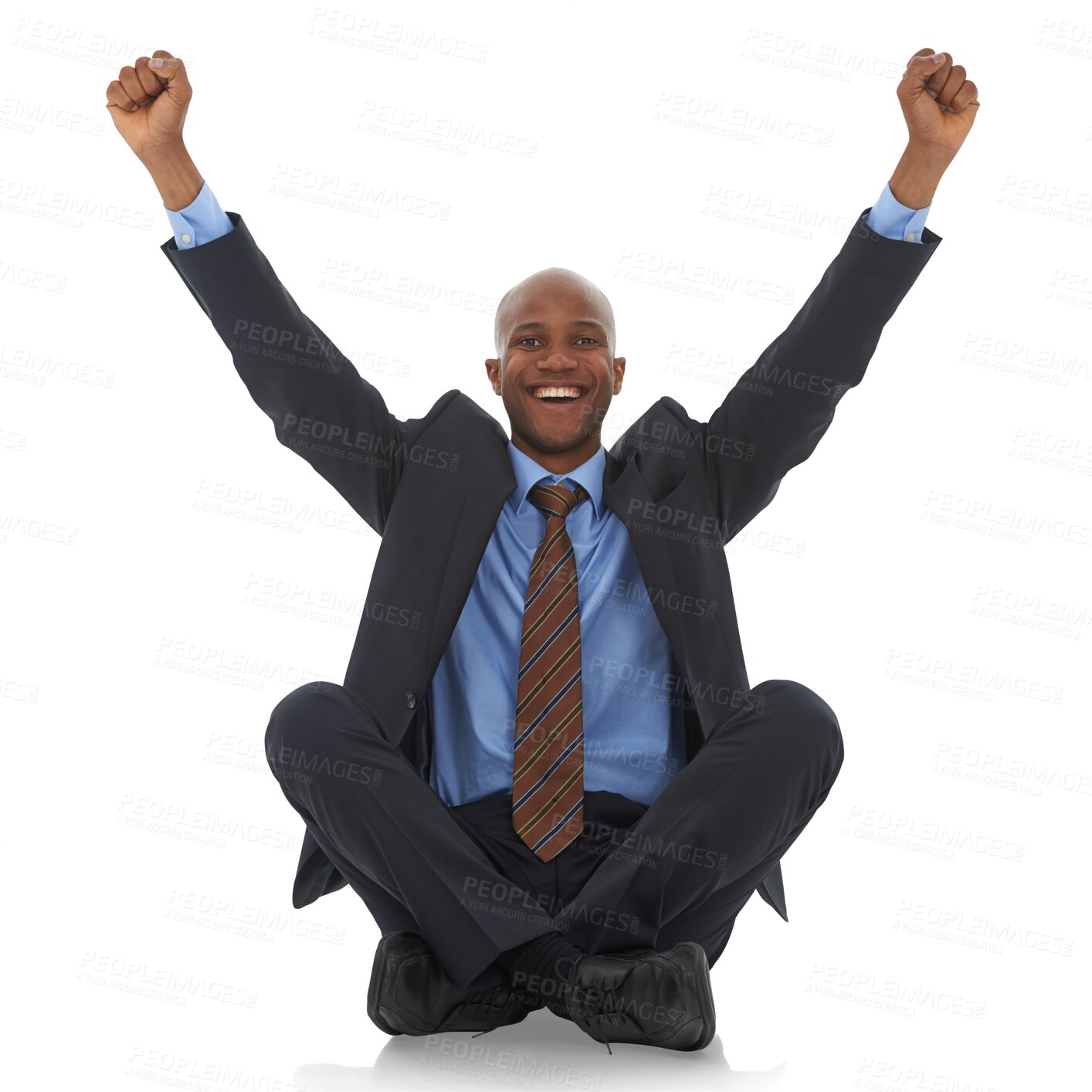 Buy stock photo Black man, fist pump and yes, success in business and celebration isolated on png transparent background. Corporate male person, portrait and professional win, cheers and happiness with promotion