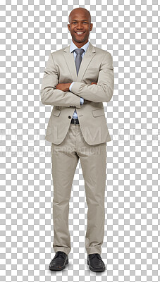 Buy stock photo Black man, portrait with arms crossed and corporate career with smile isolated on png transparent background. African, business mission and male person in suit with happy and confident salesman