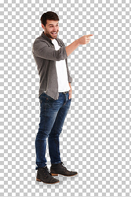 Buy stock photo Man, smile and hand pointing to promotion, announcement or deal on isolated, transparent and png background. Feedback, news and male model show review, discount or coming soon competition prize info