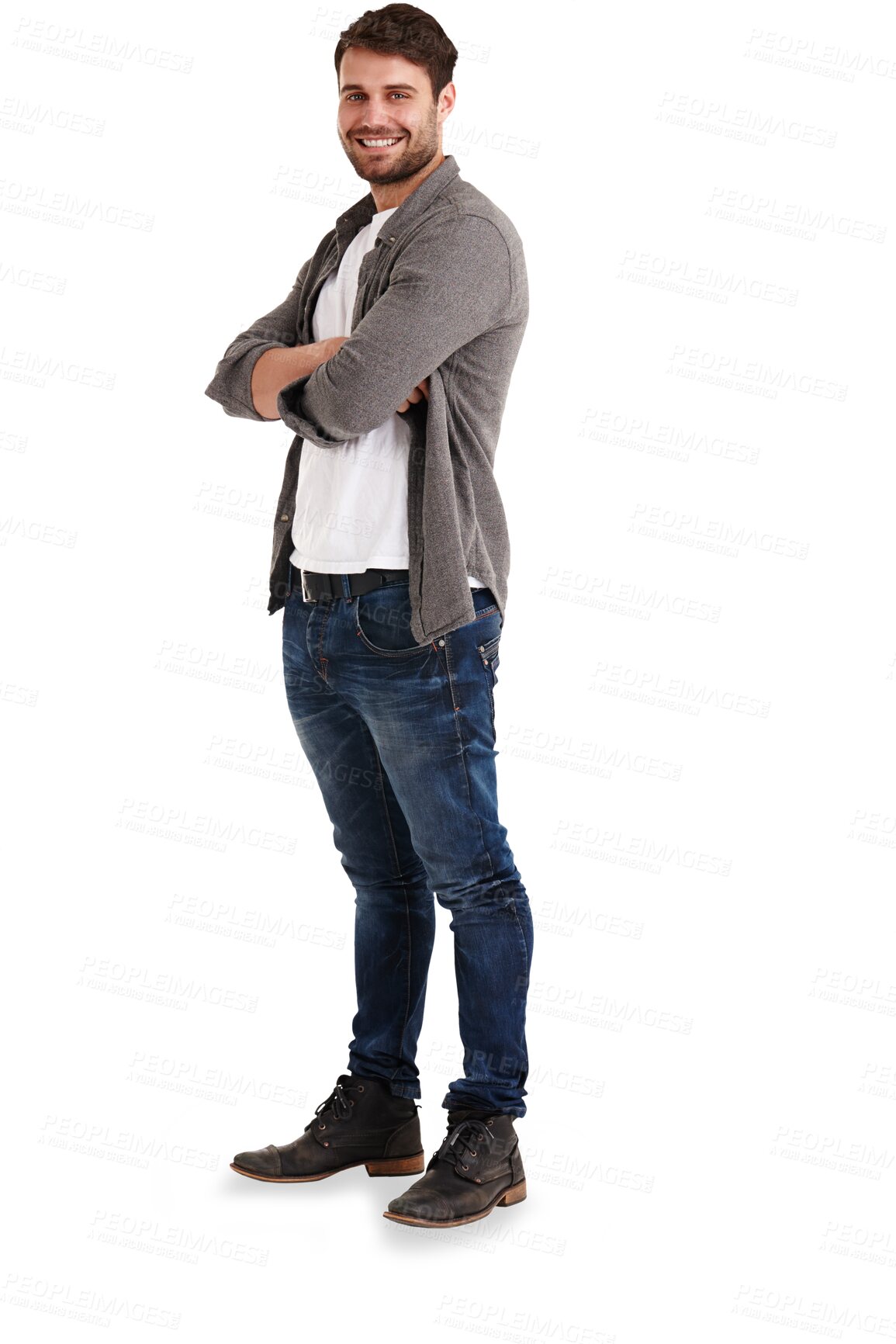 Buy stock photo Happy, man and arms crossed portrait with confidence, casual fashion and modern clothing with smile. Trendy guy, proud and cool male person from Germany isolated on a transparent, png background
