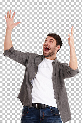 Buy stock photo Wow, surprise and man with news, sale or deal on isolated, transparent and png background. Excited, success and male model winner with emoji face for lottery, bonus or promotion, competition or award