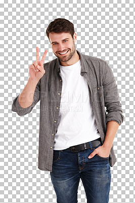 Buy stock photo Peace, hands and happy portrait of man with thank you gesture on isolated, transparent and png background. Face, smile and guy model with V sign emoji for self love, good vibes or message or kindness