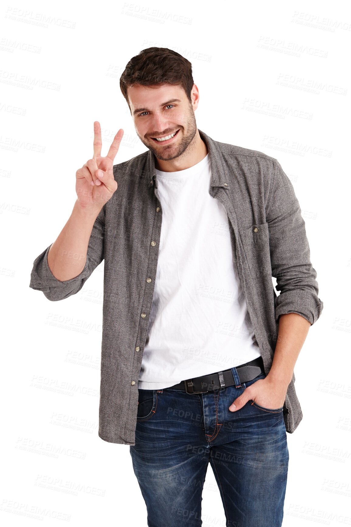 Buy stock photo Peace, hands and happy portrait of man with thank you gesture on isolated, transparent and png background. Face, smile and guy model with V sign emoji for self love, good vibes or message or kindness