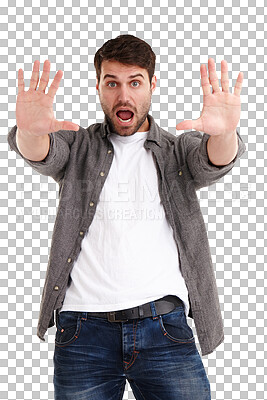 Buy stock photo Man, portrait and stop hand warning, threat or limit control  on isolated, transparent or png background. Face, palm and male model with wow, wait or no emoji, order or forbidden, danger or protest