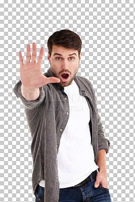 Buy stock photo Portrait, man and stop hand warning, threat or limit control  on isolated, transparent or png background. Face, palm and male model with wow, wait or dont emoji, order or forbidden, danger or protest