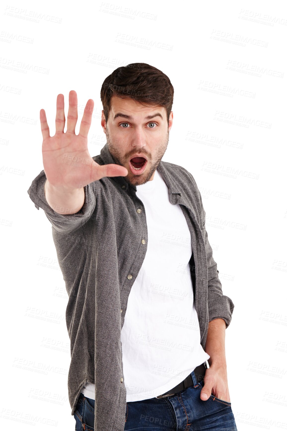 Buy stock photo Portrait, man and stop hand warning, threat or limit control  on isolated, transparent or png background. Face, palm and male model with wow, wait or dont emoji, order or forbidden, danger or protest