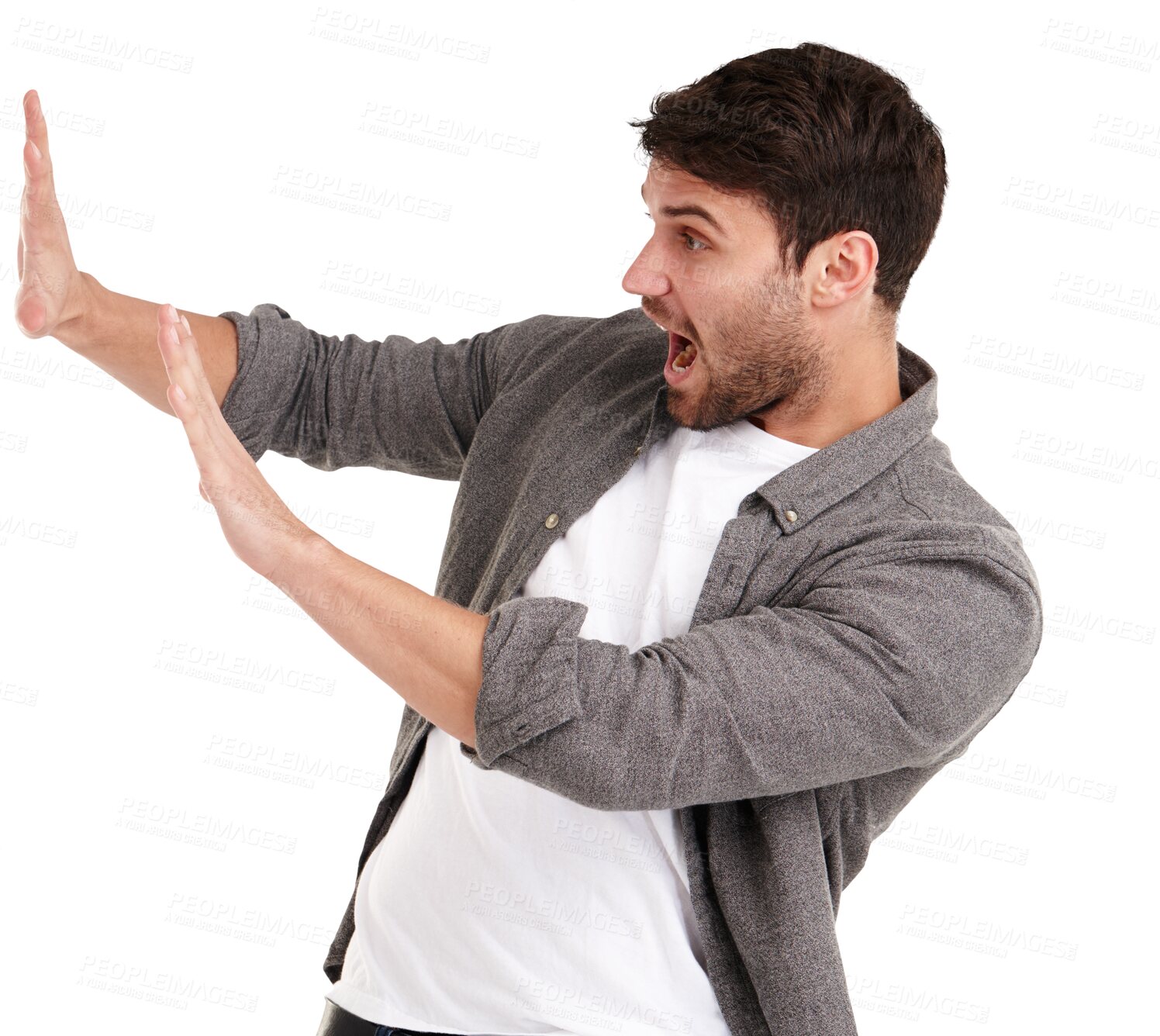 Buy stock photo Man, stop or moving wall, push and open mouth with fear and stress isolated on png transparent background. Male person, screaming and scared with panic, reaction and facial expression with crisis